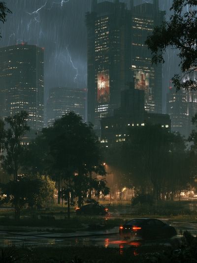Rainy City Skyline Photography Poster.