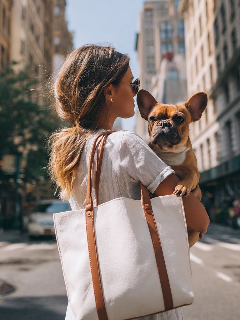 City Woman with French Bulldog Photography Poster. poster detail