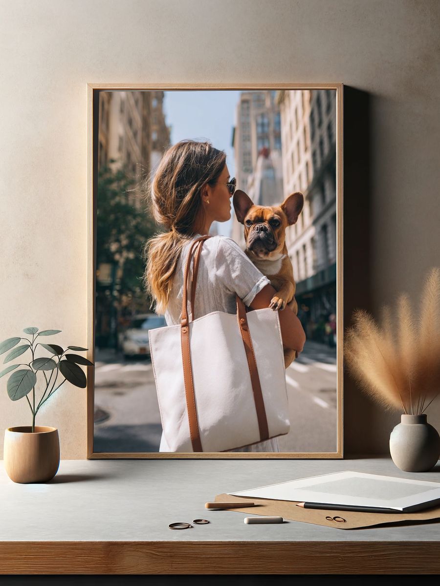 City Woman with French Bulldog Photography Poster. — room view 2