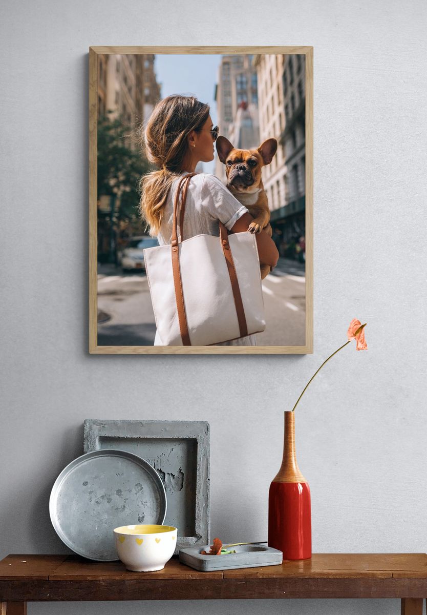 City Woman with French Bulldog Photography Poster. — room view 3