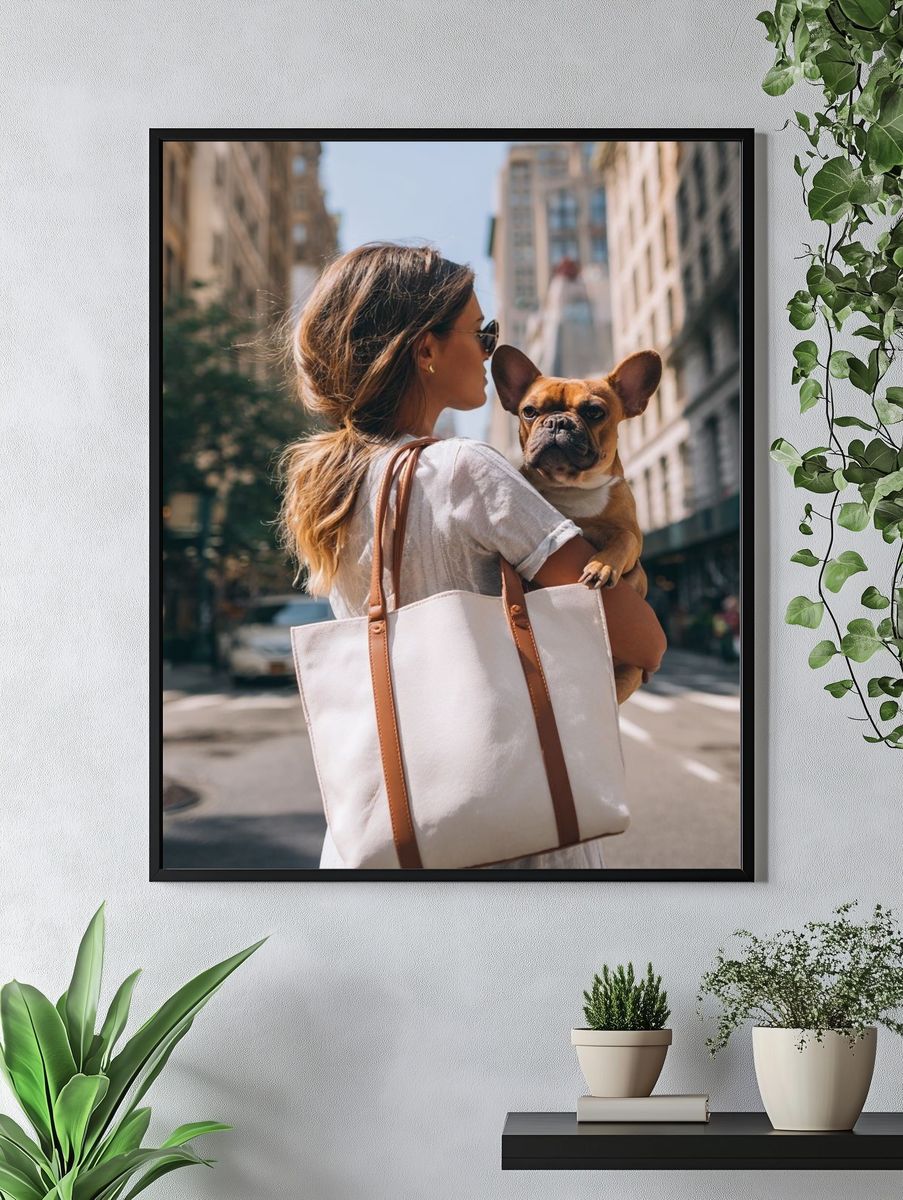 City Woman with French Bulldog Photography Poster. — room view 4