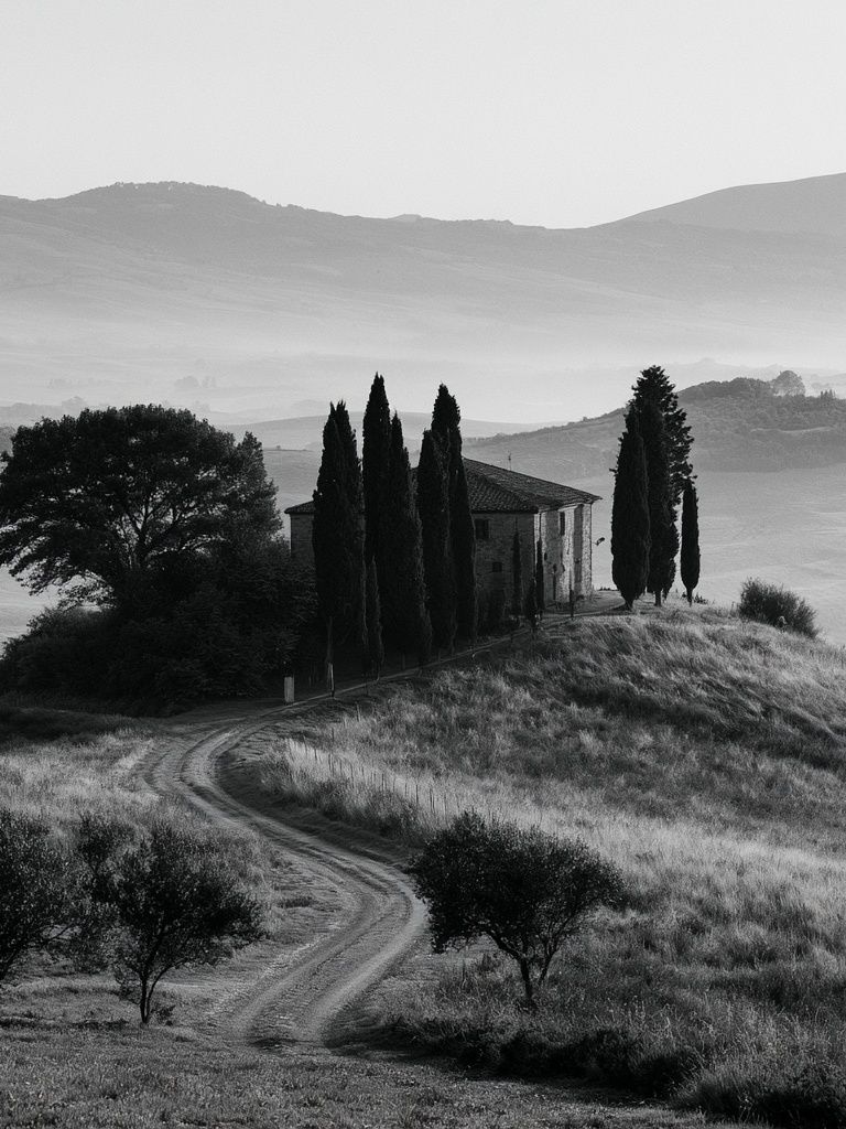 Tuscan Hillside Monochrome Poster. poster detail