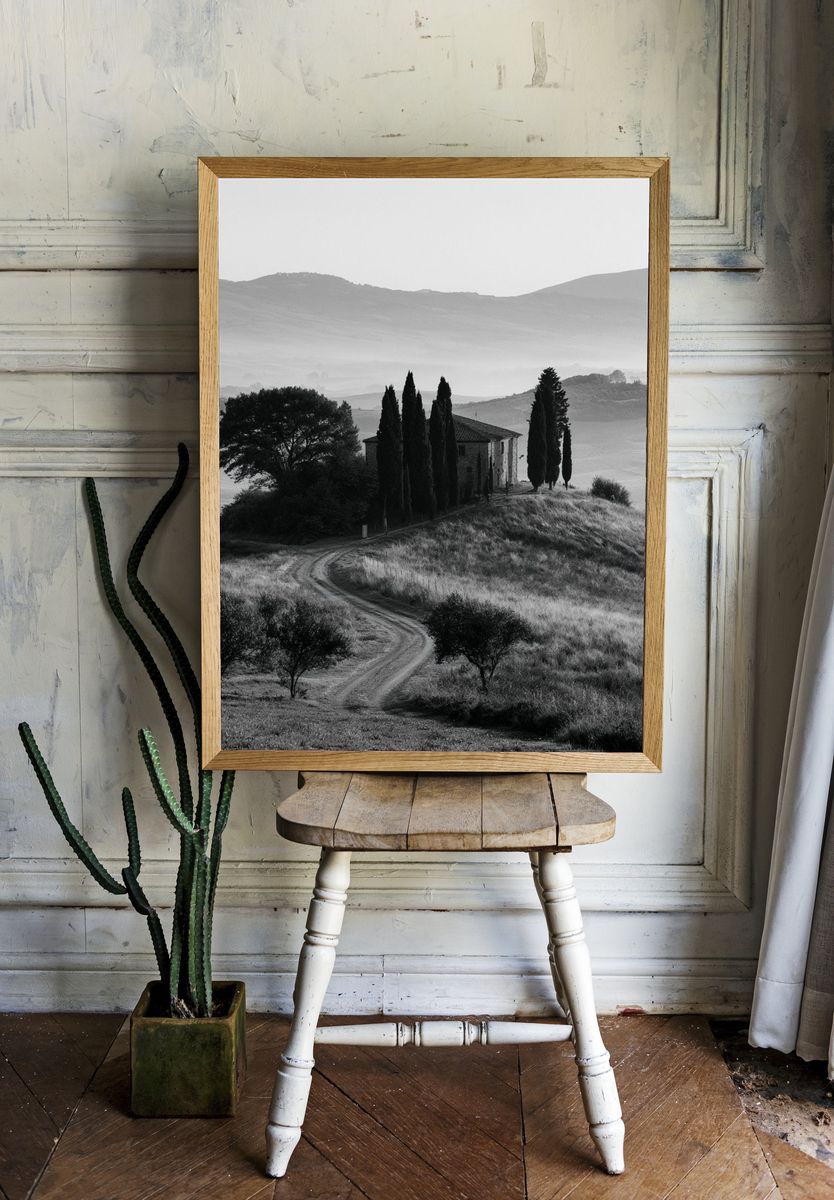 Tuscan Hillside Monochrome Poster. — room view 1