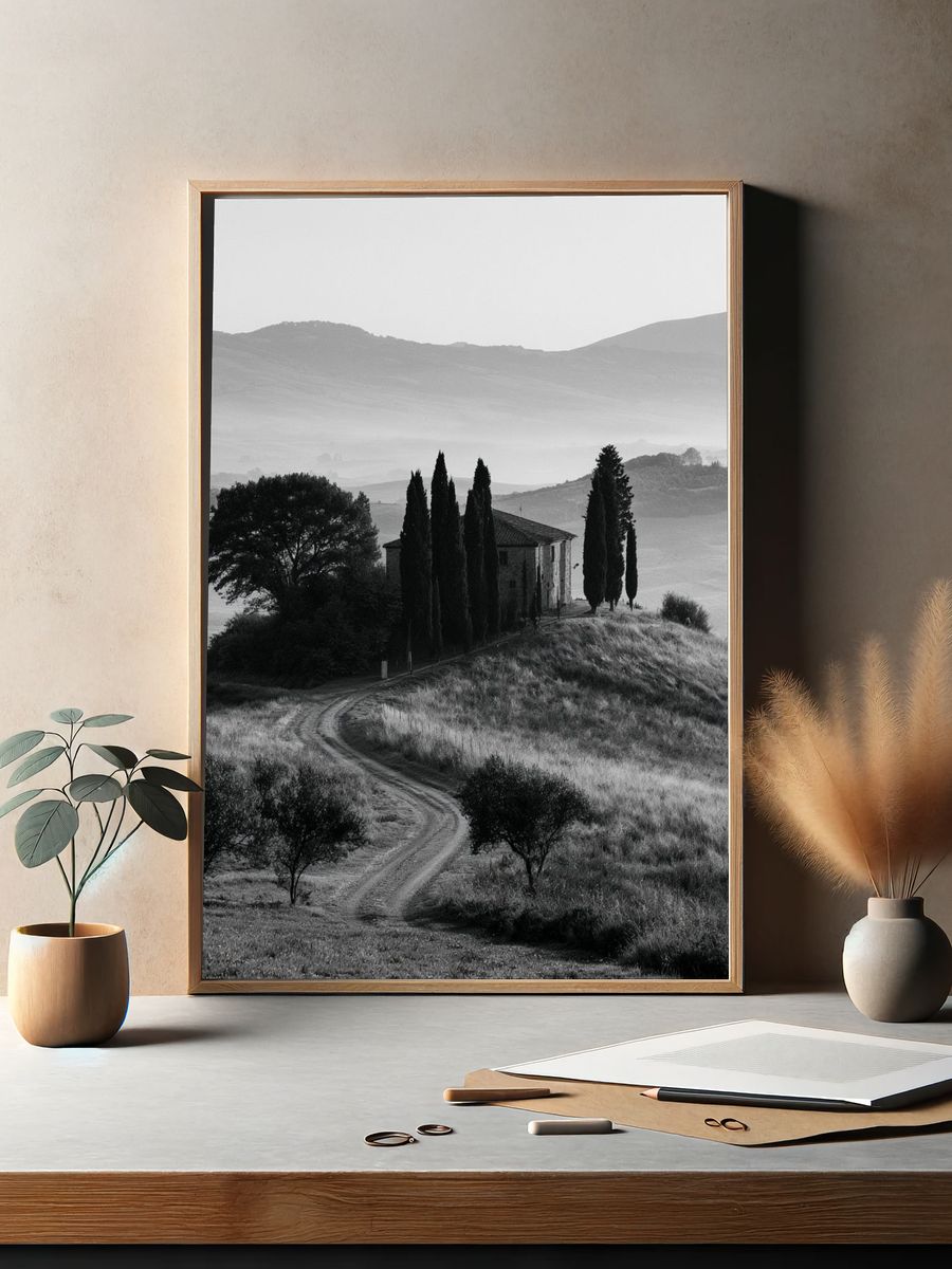 Tuscan Hillside Monochrome Poster. — room view 2