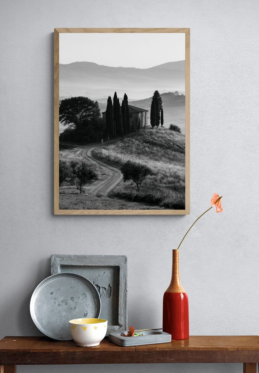 Tuscan Hillside Monochrome Poster. — room view 3