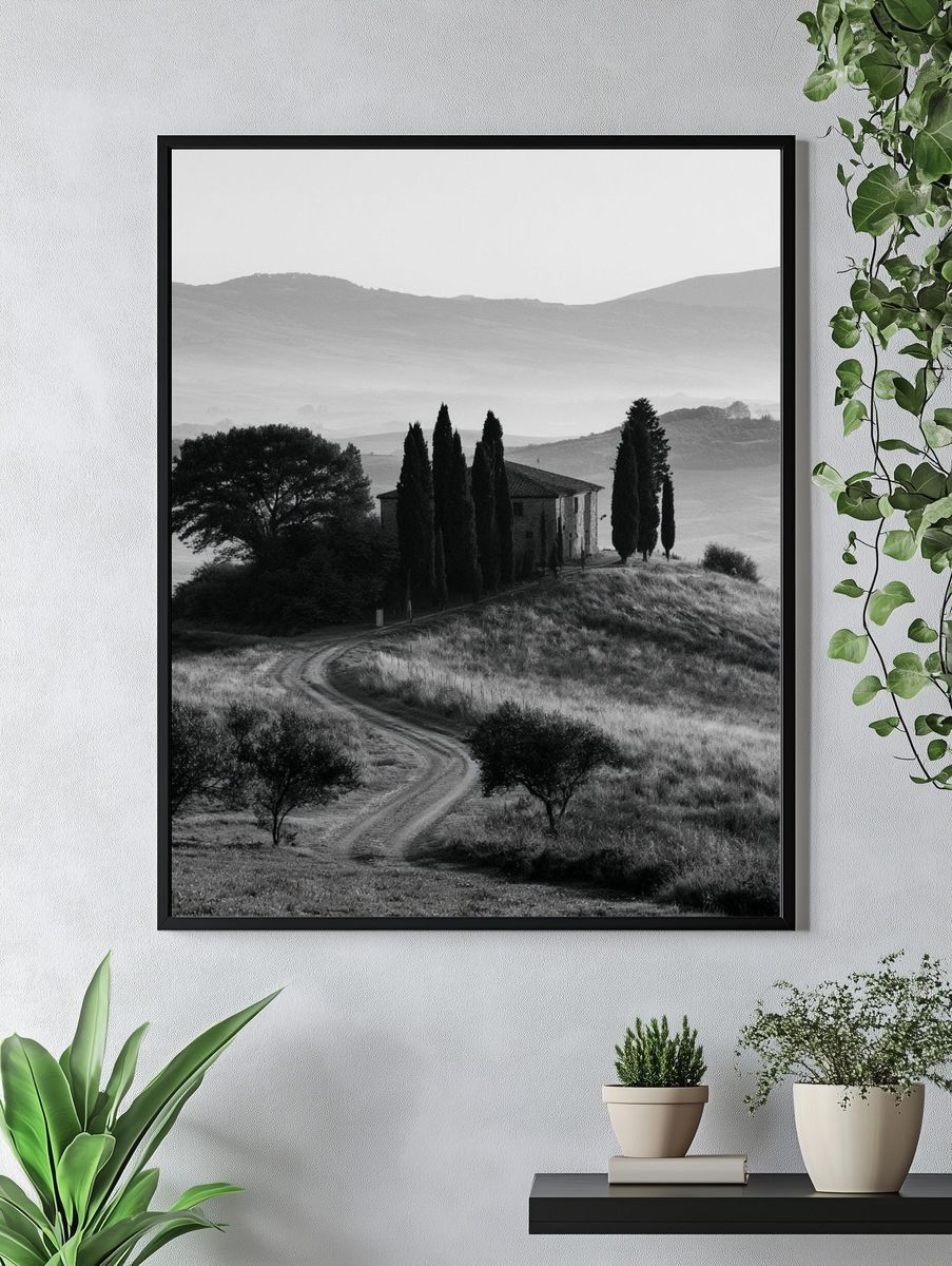Tuscan Hillside Monochrome Poster. — room view 4