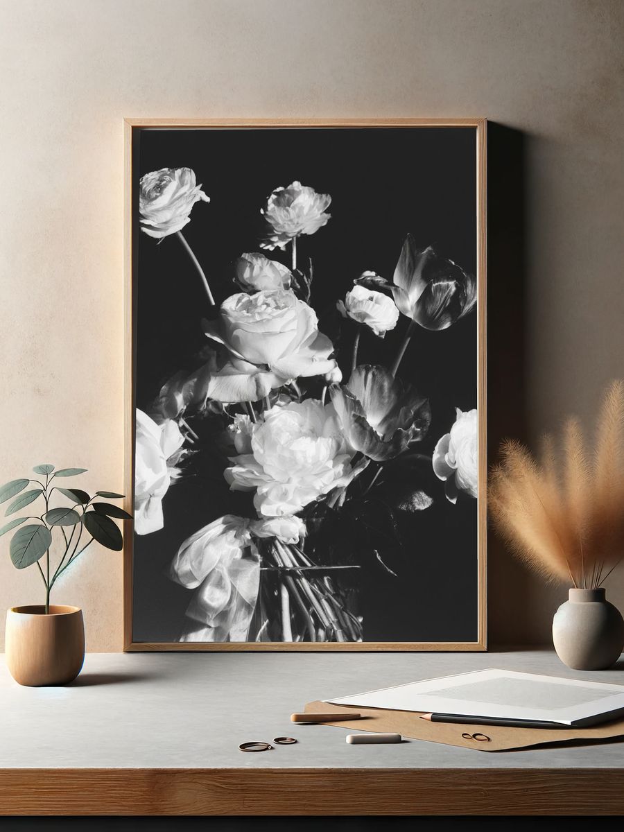 Black and White Floral Photography Poster. — room view 2