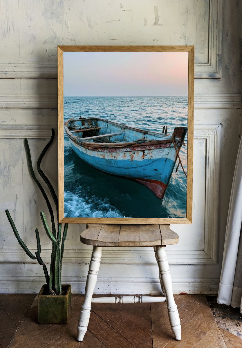 Weathered Boat at Sea Photography Poster. — room view 1