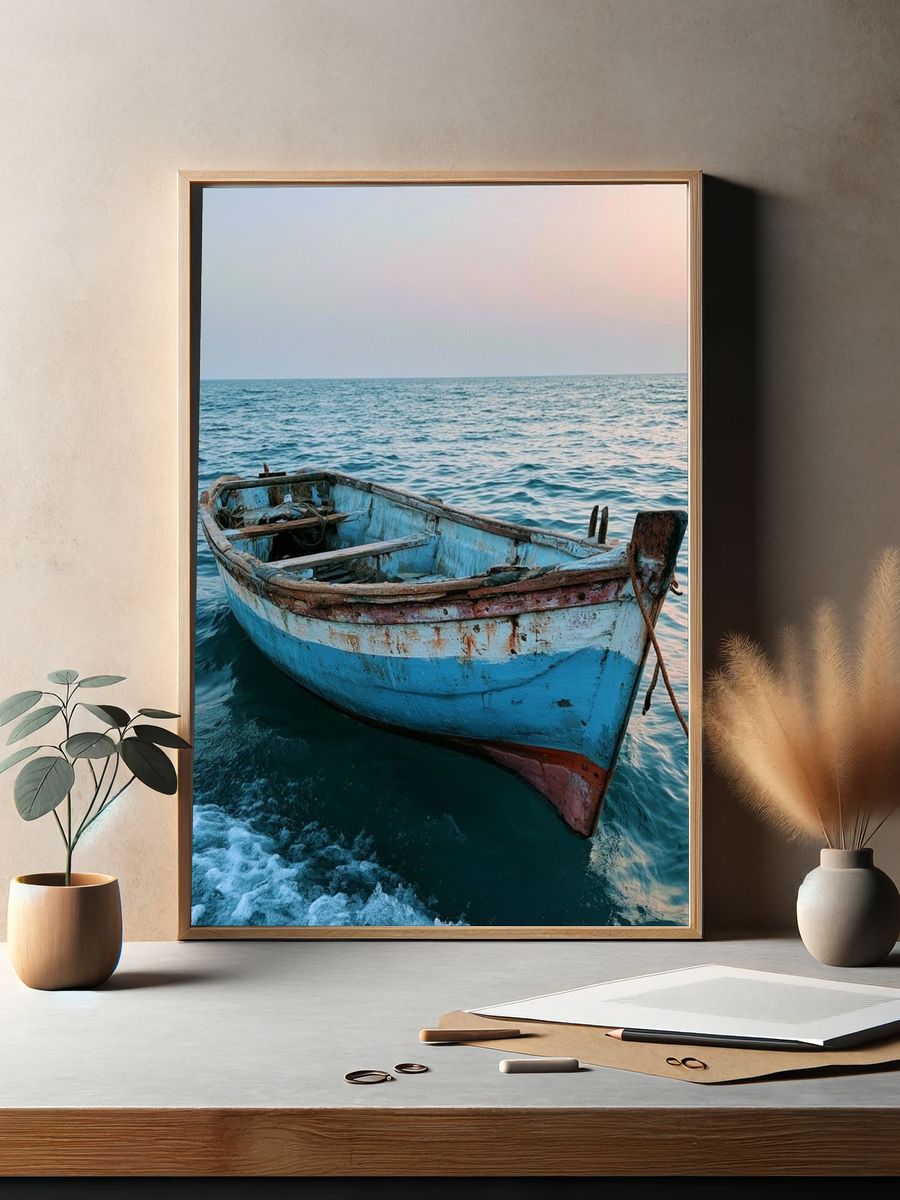 Weathered Boat at Sea Photography Poster. — room view 2