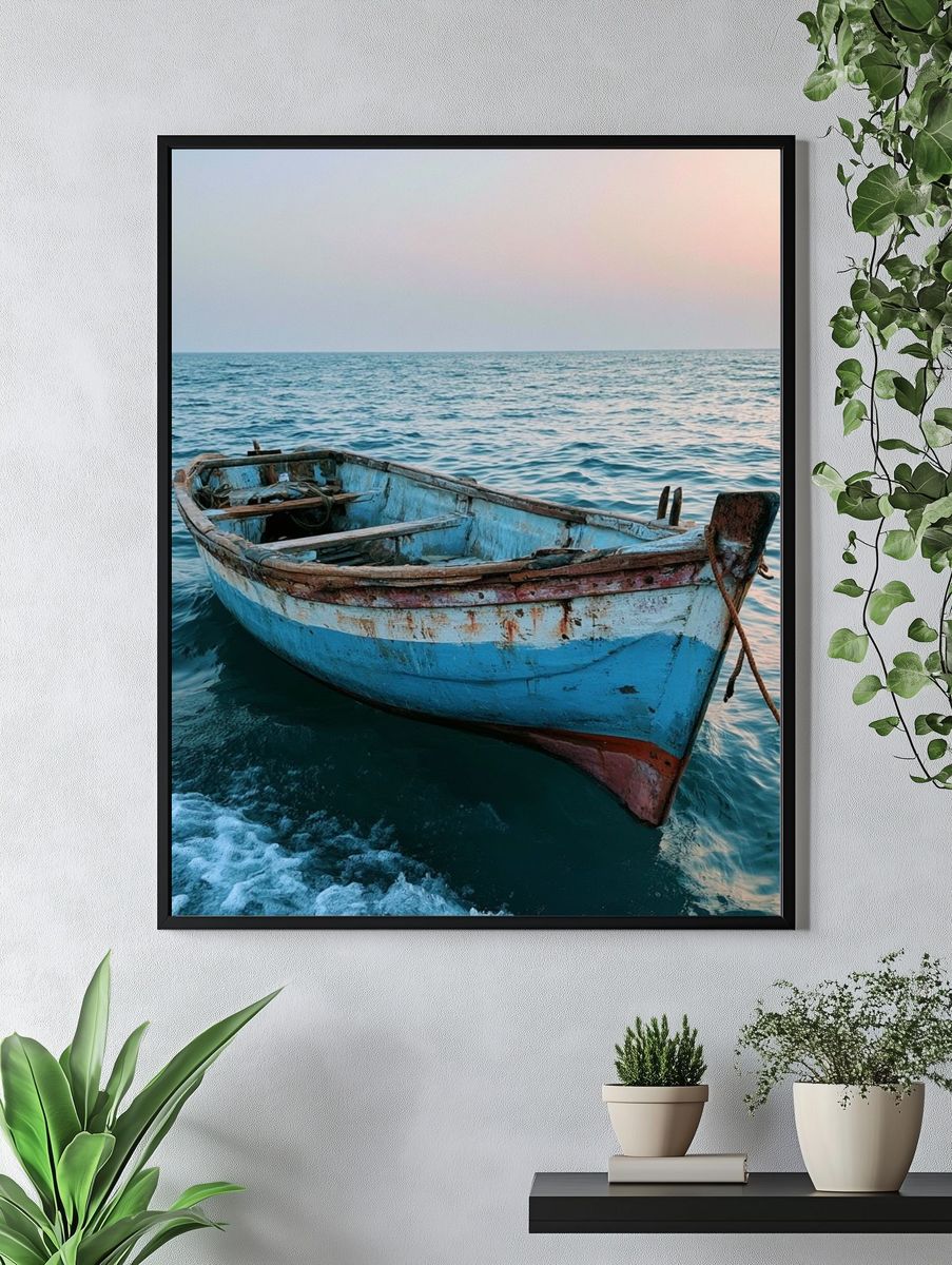 Weathered Boat at Sea Photography Poster. — room view 4