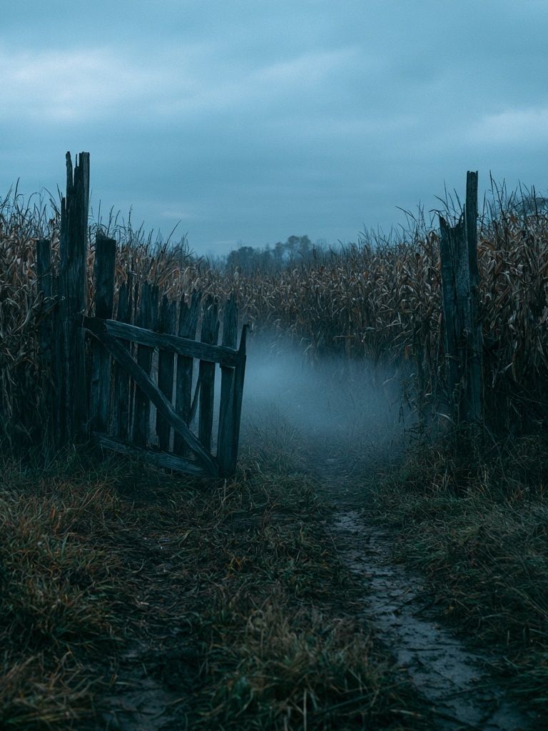 Misty Cornfield Path Photography Poster. poster detail