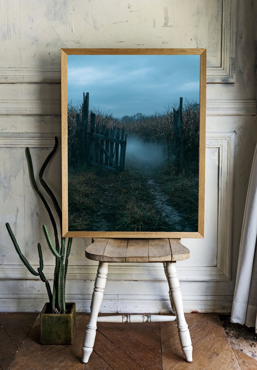 Misty Cornfield Path Photography Poster. room preview