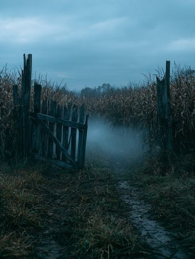 Misty Cornfield Path Photography Poster.