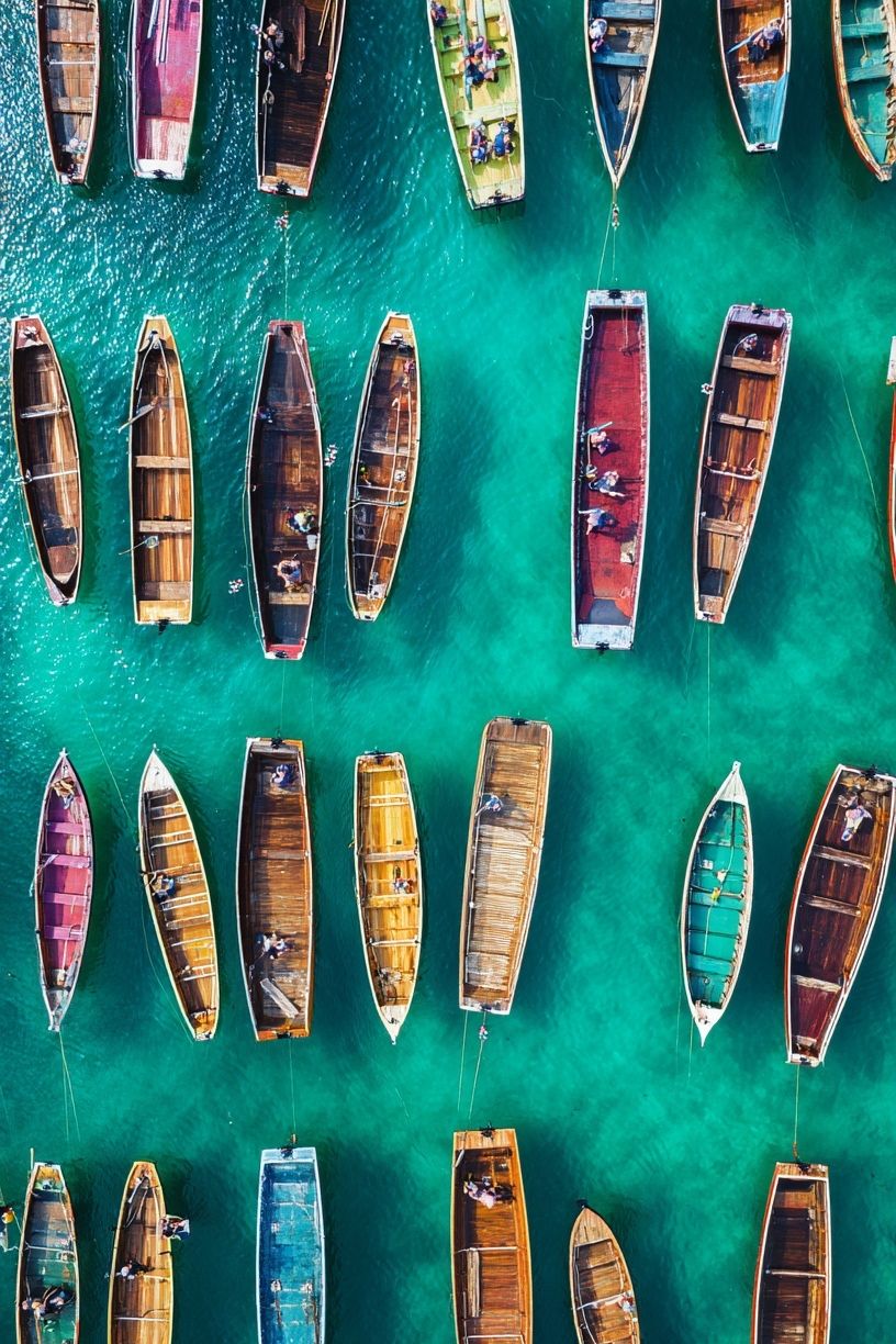 Colorful Boats Over Turquoise Water Poster. poster detail