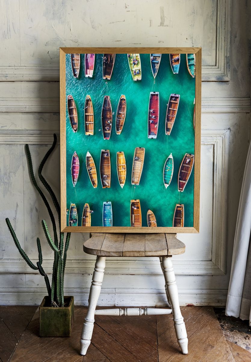 Colorful Boats Over Turquoise Water Poster. — room view 1