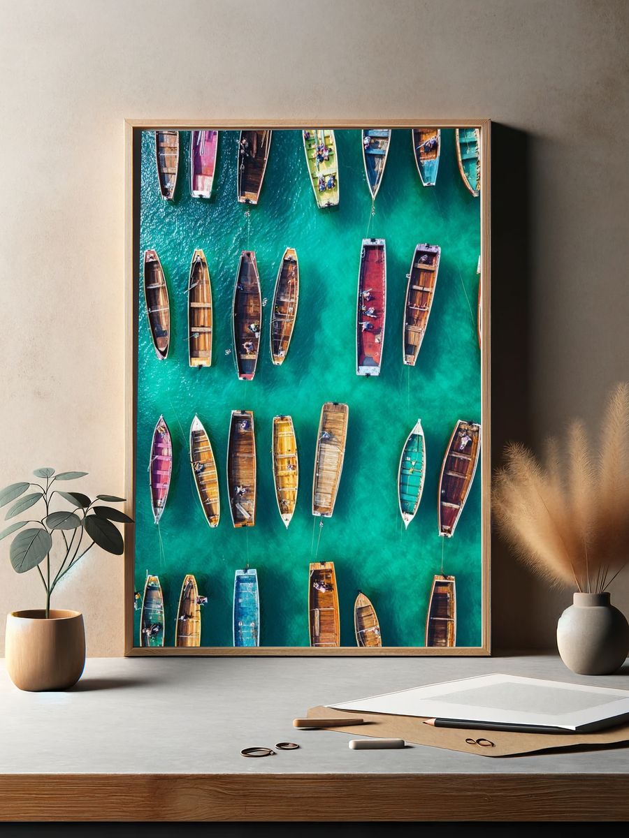 Colorful Boats Over Turquoise Water Poster. — room view 2