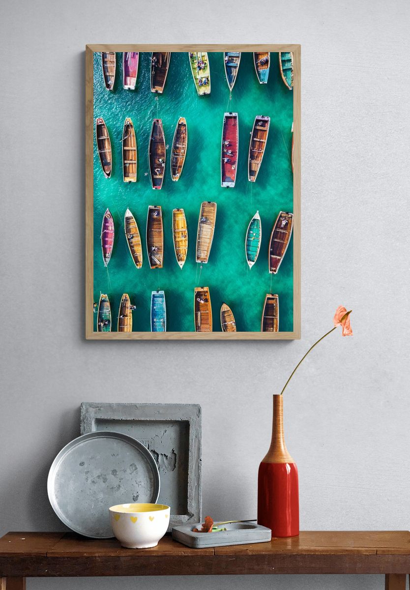Colorful Boats Over Turquoise Water Poster. — room view 3