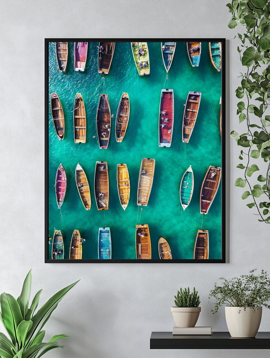 Colorful Boats Over Turquoise Water Poster. — room view 4