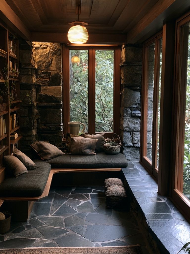 Cozy Stone Reading Nook Photography Poster. poster detail