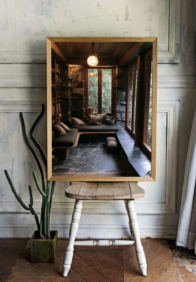 Cozy Stone Reading Nook Photography Poster. room preview