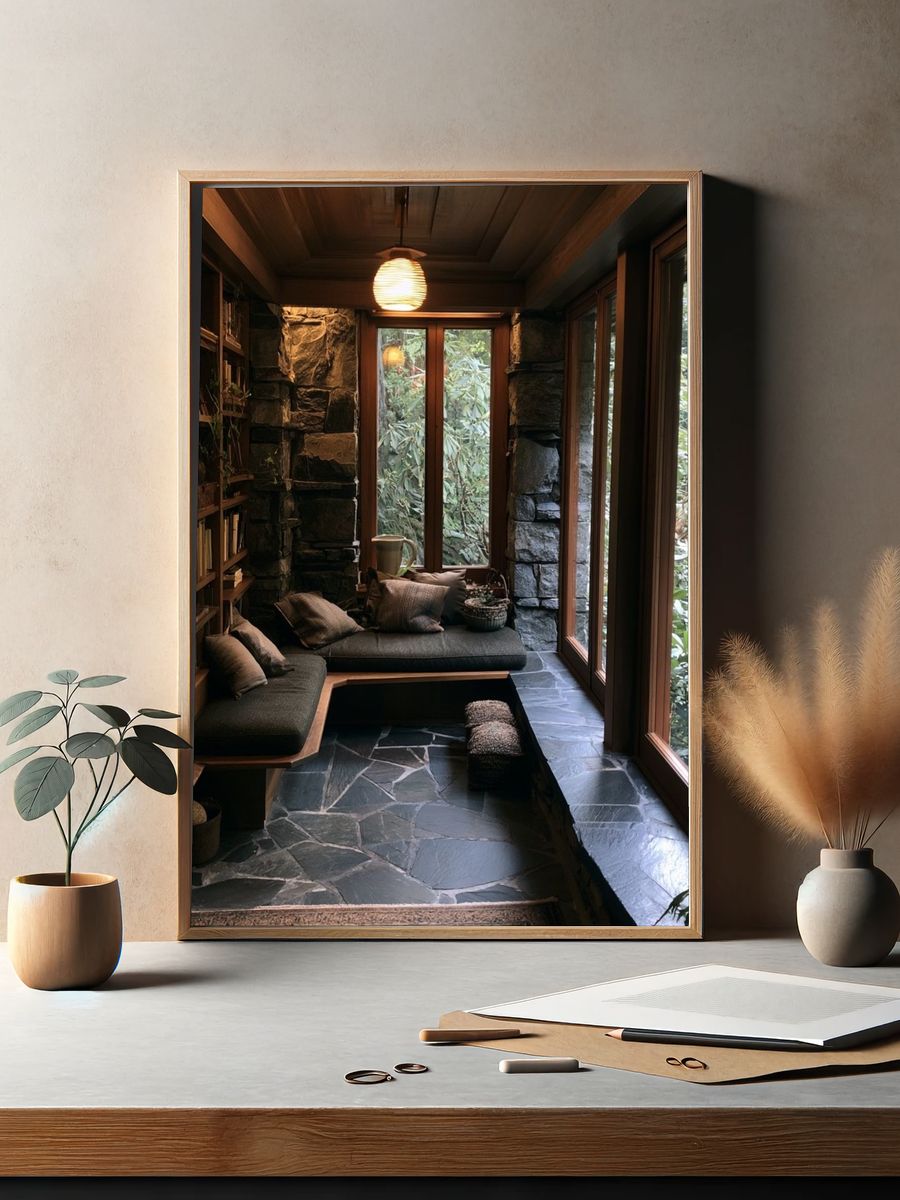 Cozy Stone Reading Nook Photography Poster. — room view 2