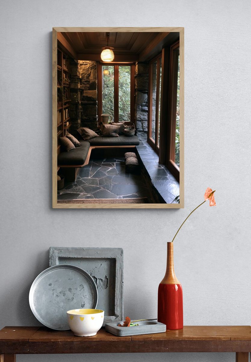 Cozy Stone Reading Nook Photography Poster. — room view 3