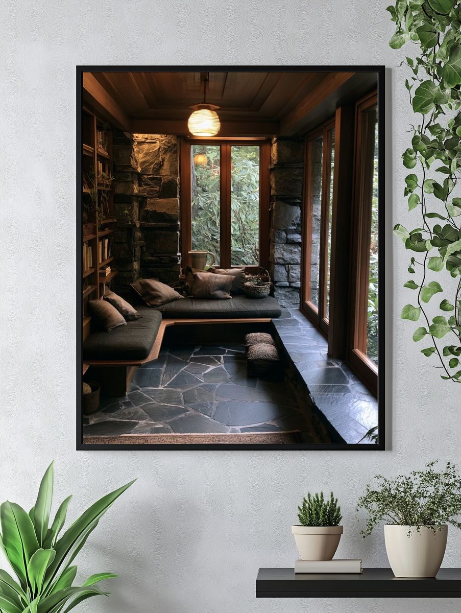 Cozy Stone Reading Nook Photography Poster. — room view 4