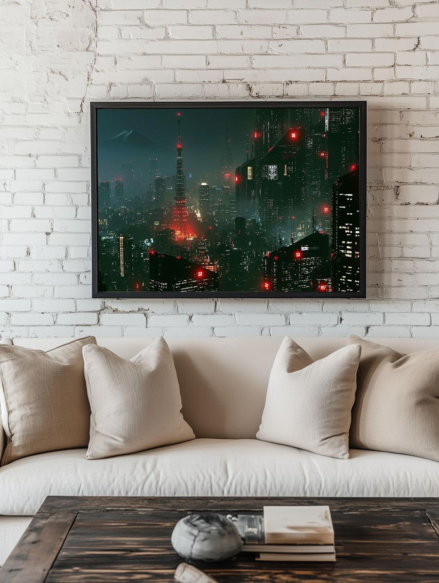 Neon Tokyo Skyline Photography Poster. room preview