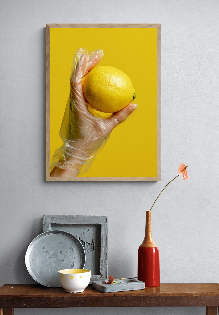 Plastic Glove Lemon Photography Poster. — room view 3