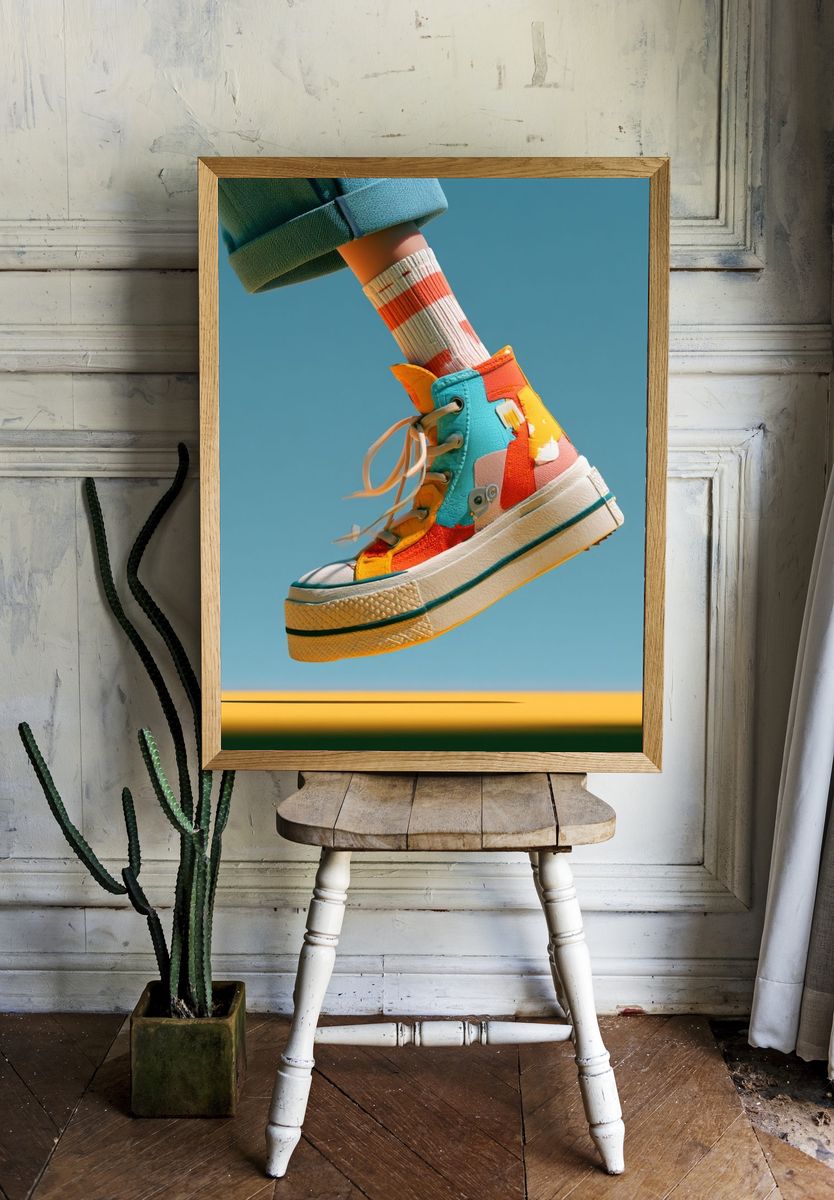 Colorful Sneaker Jump Photography Poster. room preview