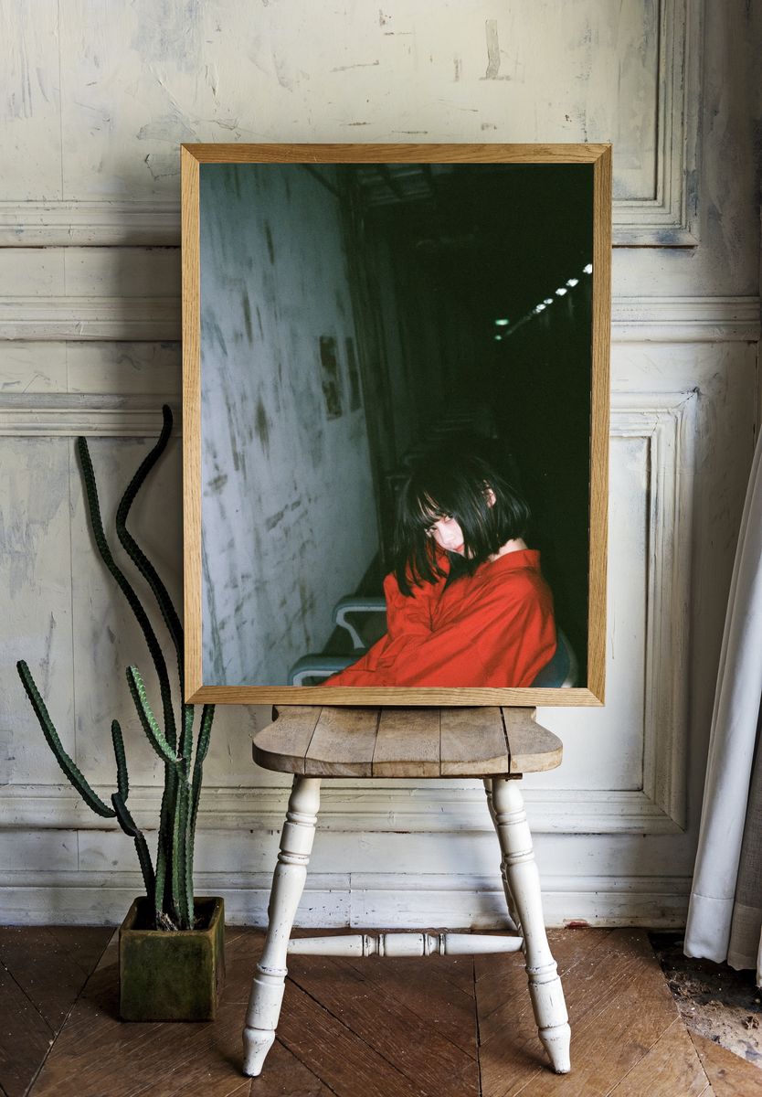 Moody Red Coat Portrait Print. — room view 1