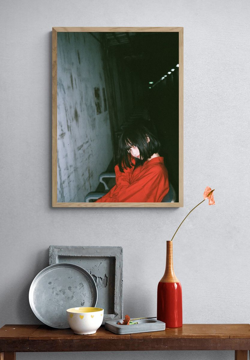 Moody Red Coat Portrait Print. — room view 3