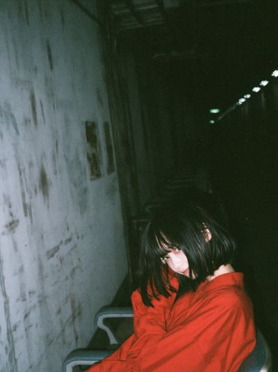 Moody Red Coat Portrait Print. poster