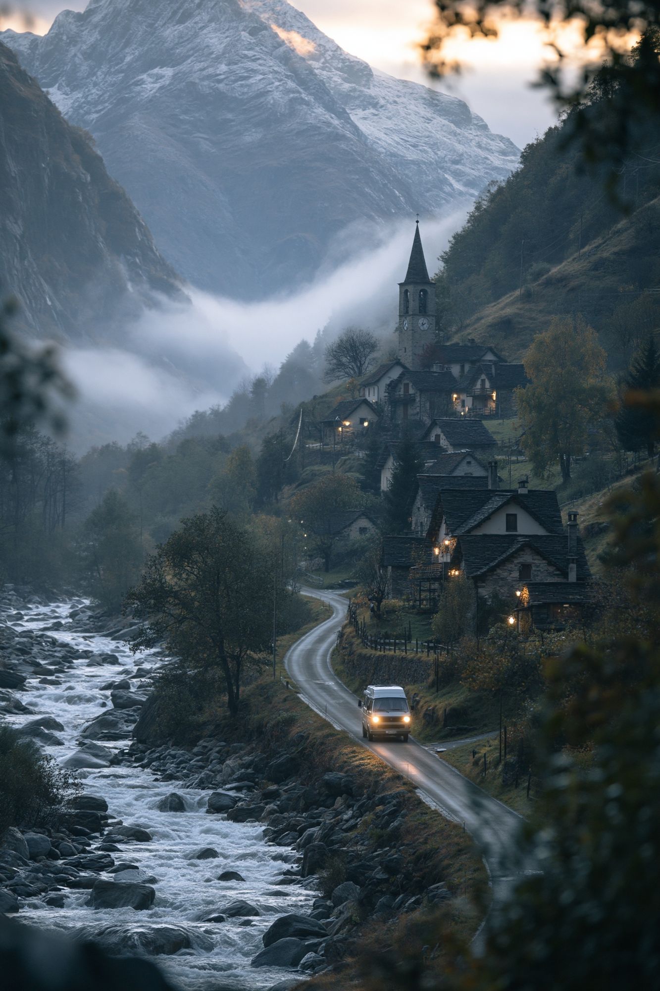 Misty Alpine Village Photography Poster. poster detail