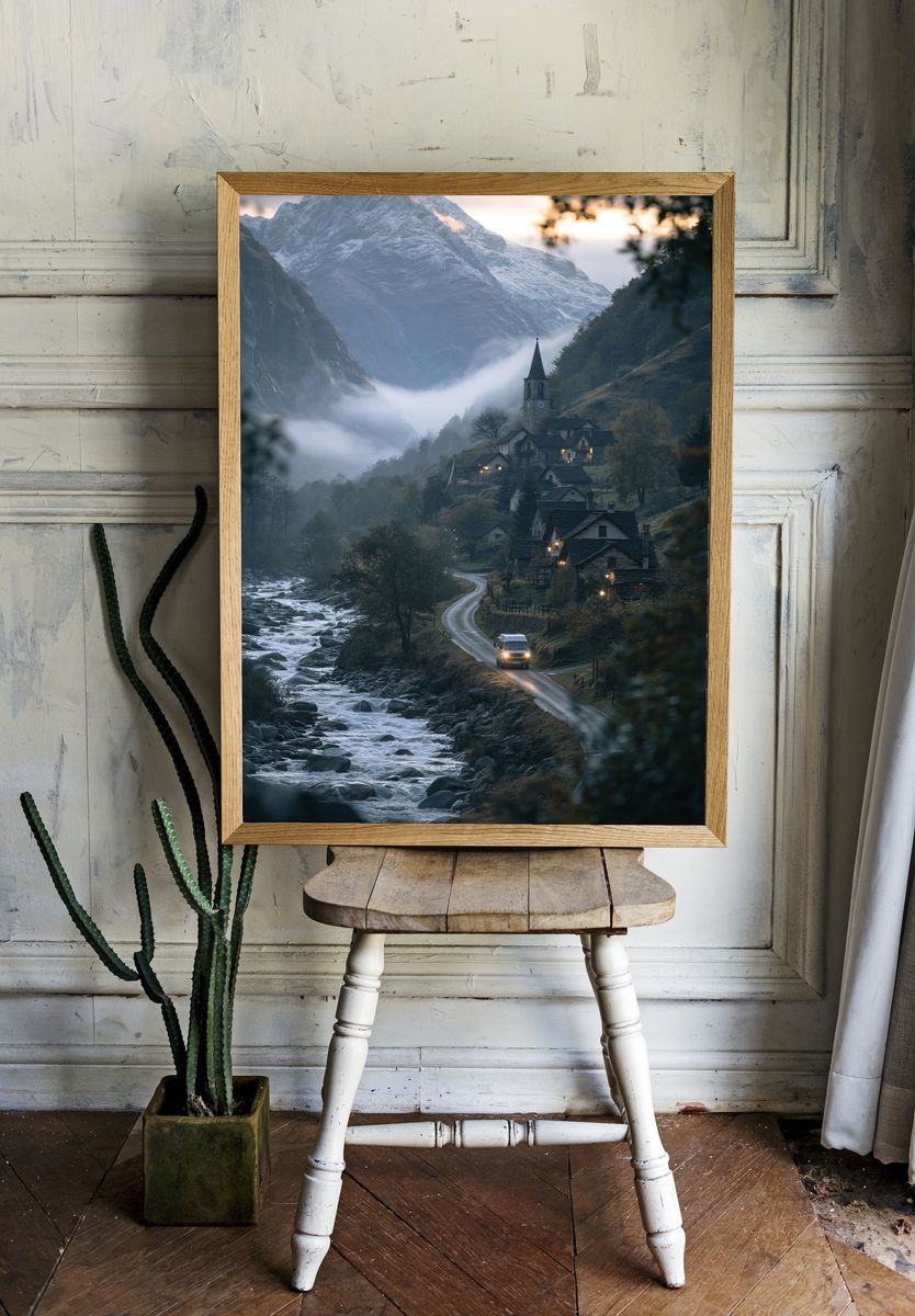 Misty Alpine Village Photography Poster. — room view 1