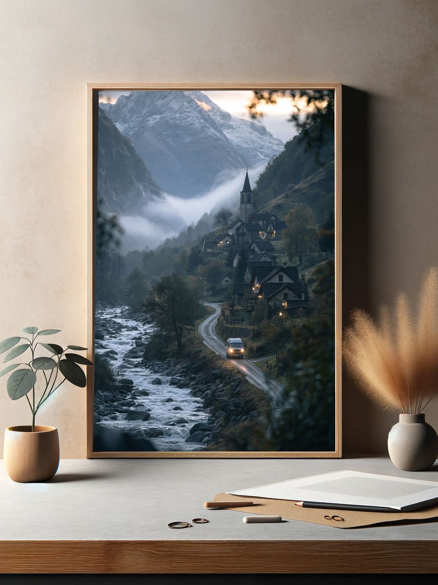 Misty Alpine Village Photography Poster. — room view 2