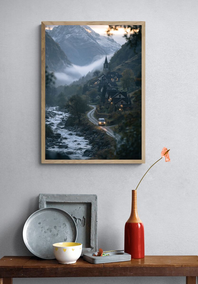 Misty Alpine Village Photography Poster. — room view 3