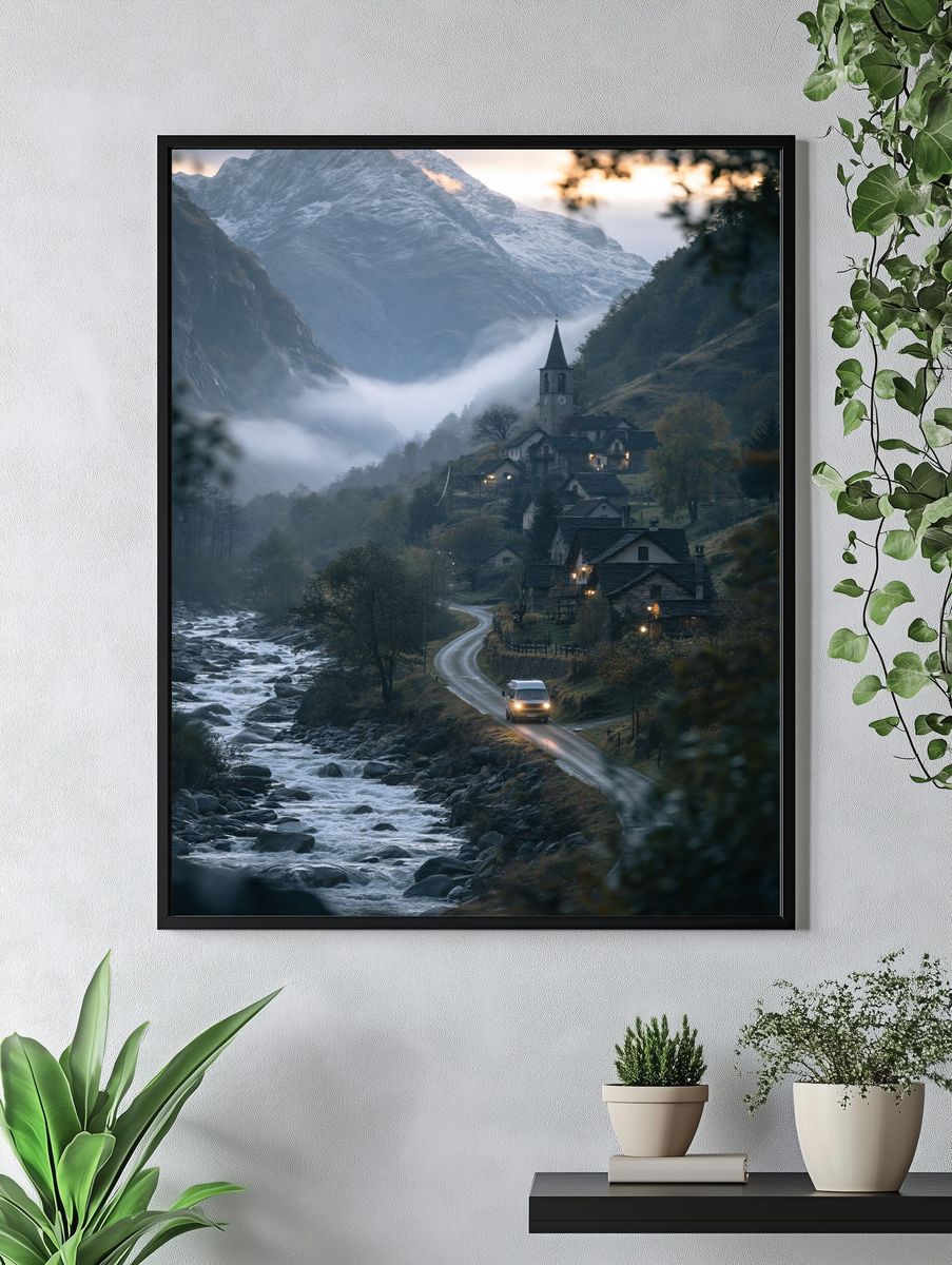 Misty Alpine Village Photography Poster. — room view 4