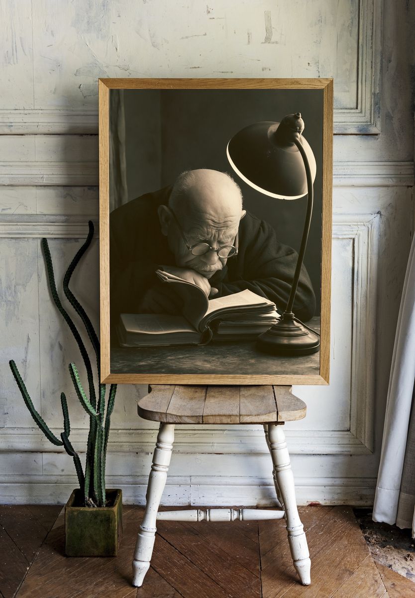 Elderly Scholar Reading Portrait Print. — room view 1