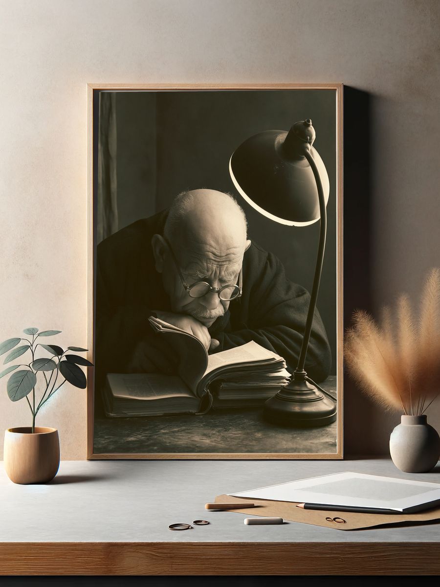 Elderly Scholar Reading Portrait Print. — room view 2