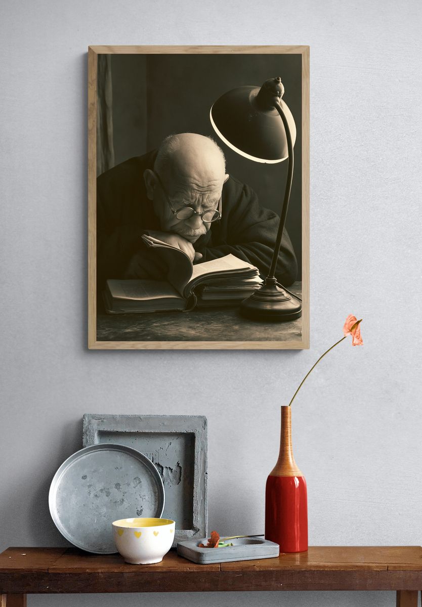 Elderly Scholar Reading Portrait Print. — room view 3