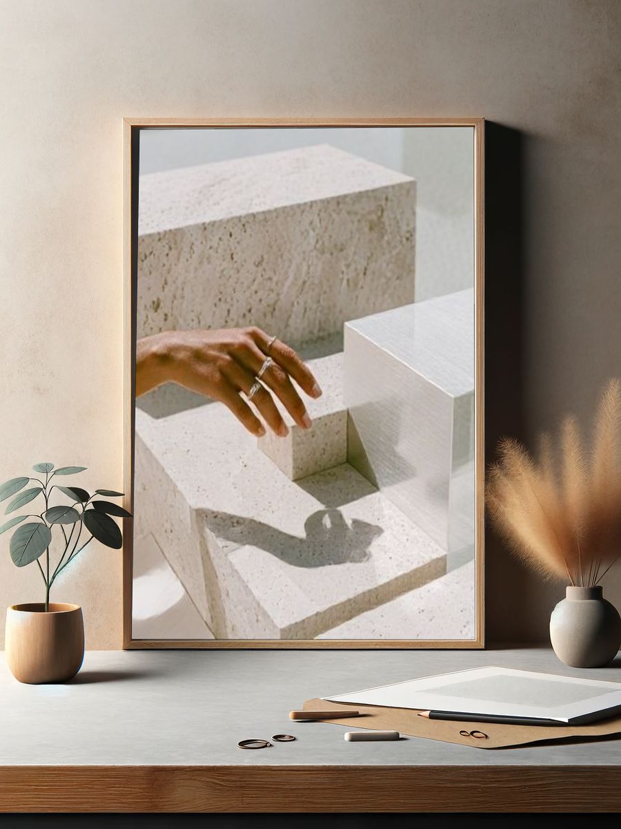 Hand and Stone Blocks Photography Poster. — room view 2