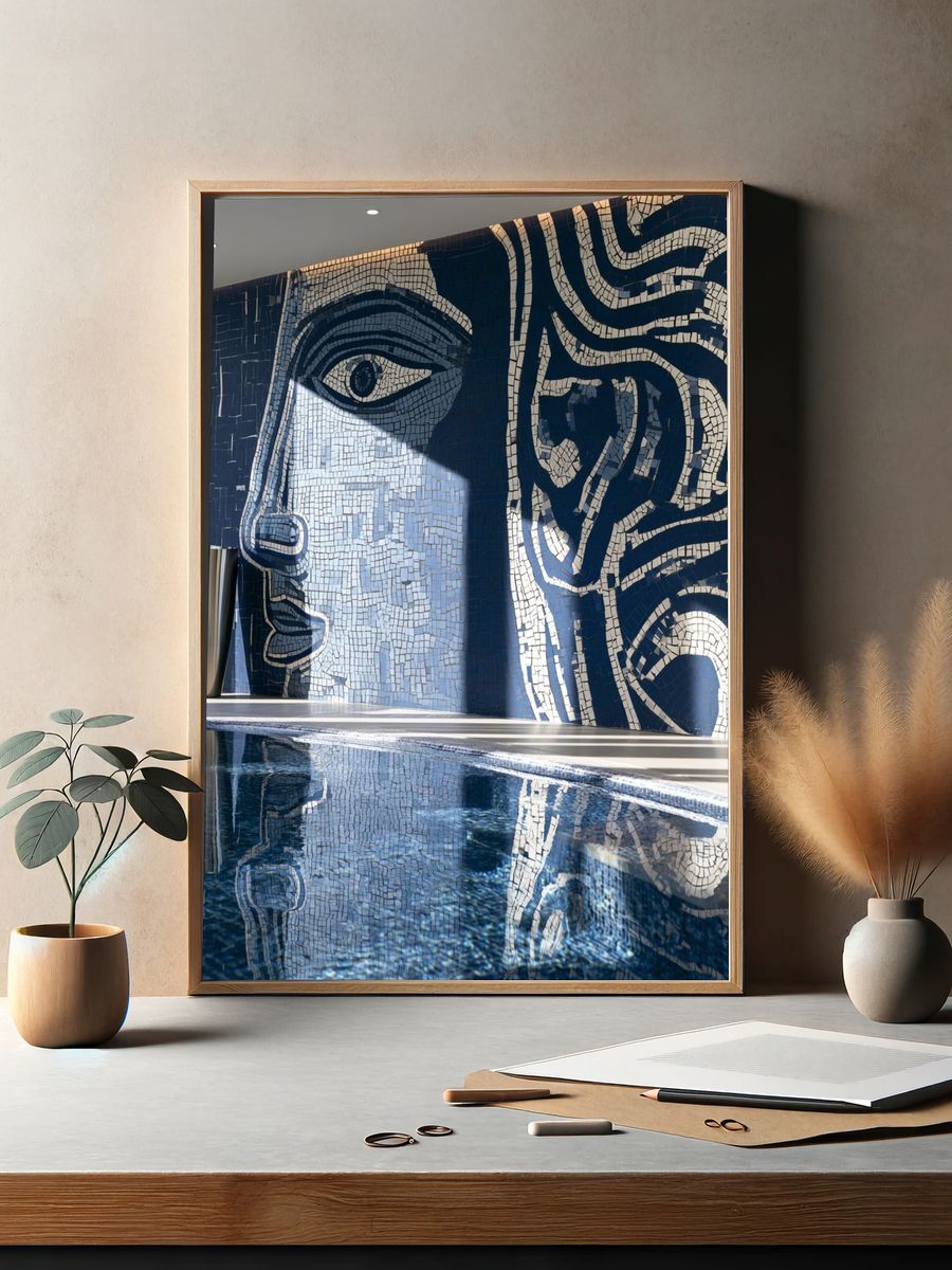 Blue Mosaic Face Photography Poster. — room view 2