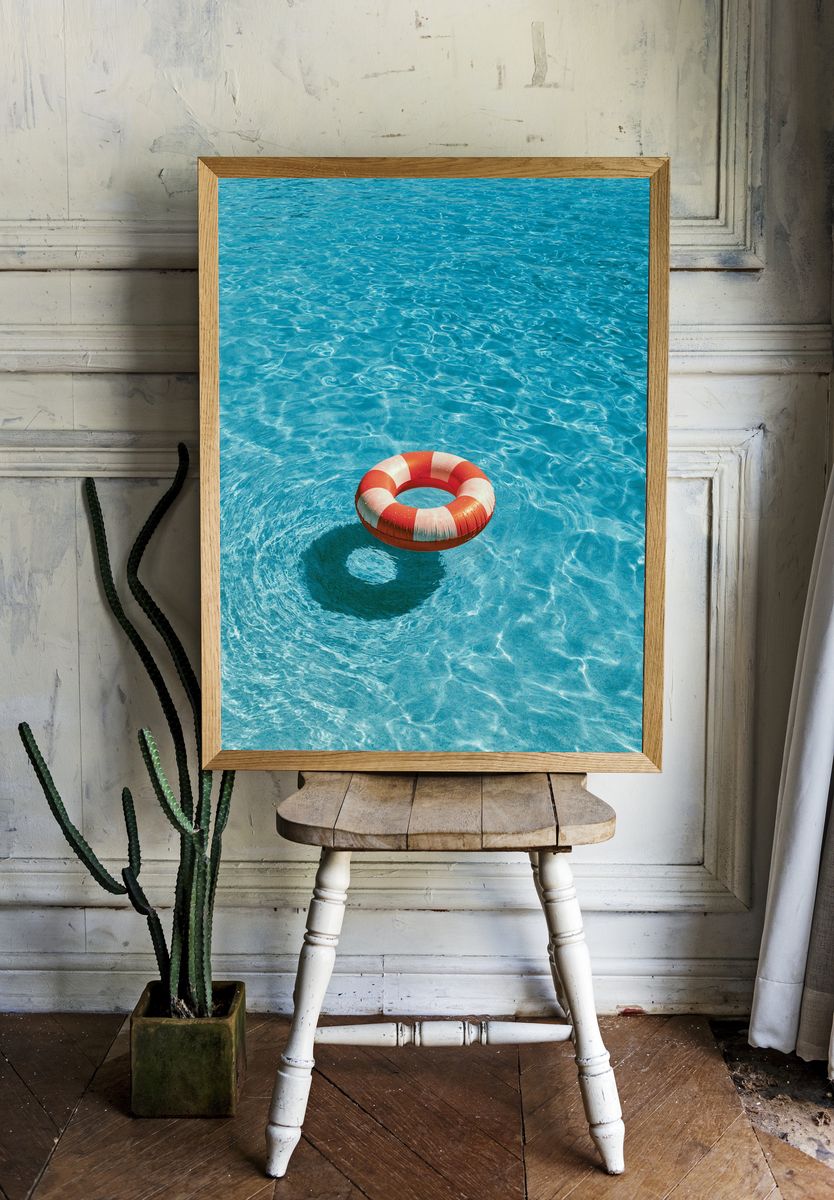 Lifebuoy in Blue Water Photography Poster. room preview
