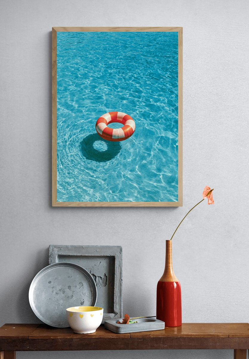Lifebuoy in Blue Water Photography Poster. — room view 3