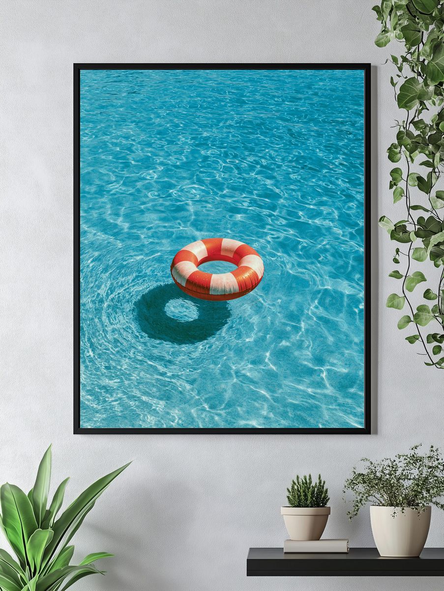 Lifebuoy in Blue Water Photography Poster. — room view 4