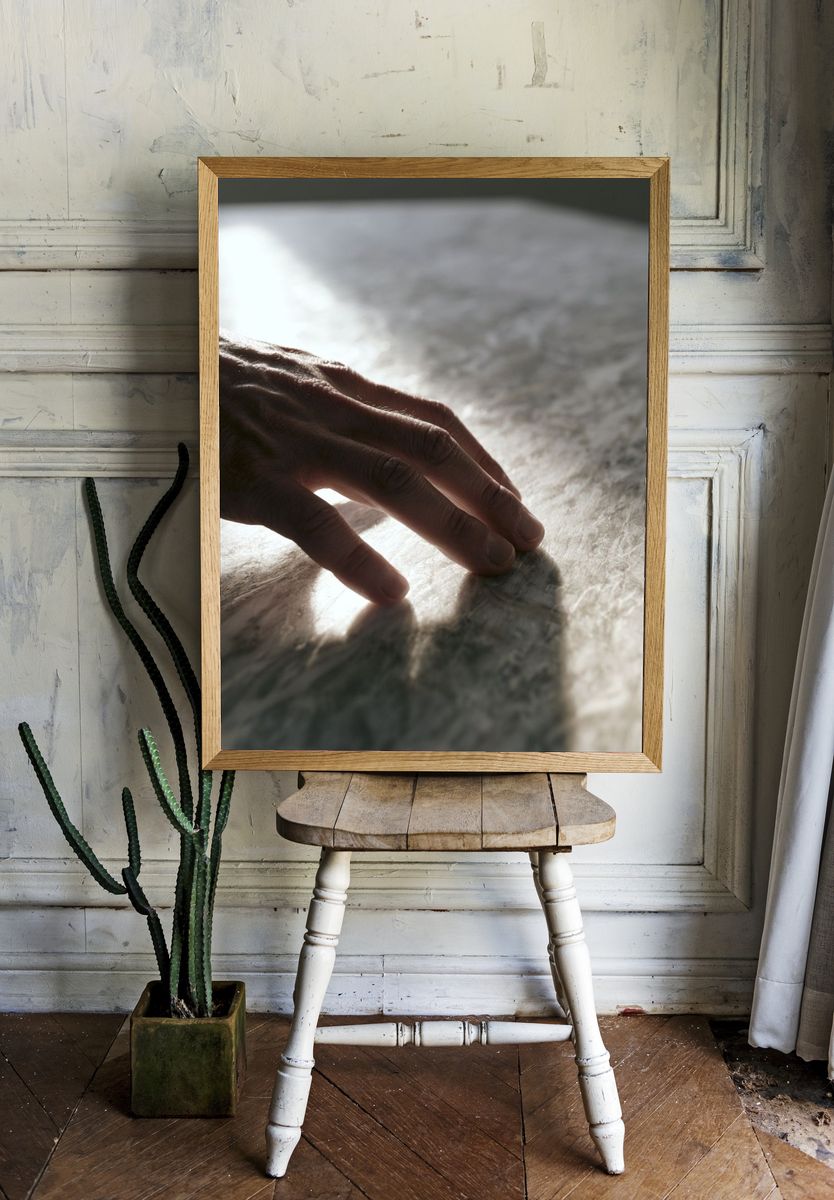 Hand on Marble Surface Photography Poster. — room view 1
