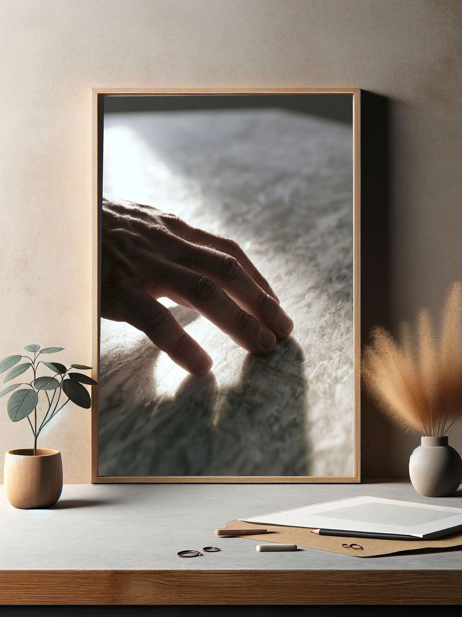 Hand on Marble Surface Photography Poster. — room view 2