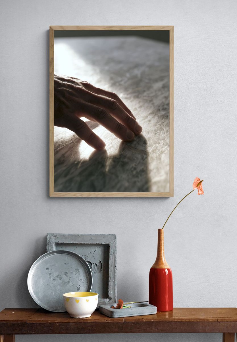 Hand on Marble Surface Photography Poster. — room view 3