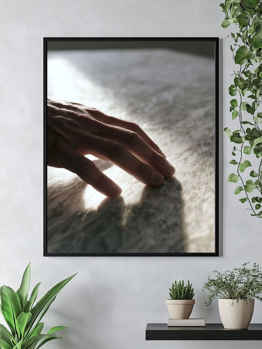 Hand on Marble Surface Photography Poster. — room view 4